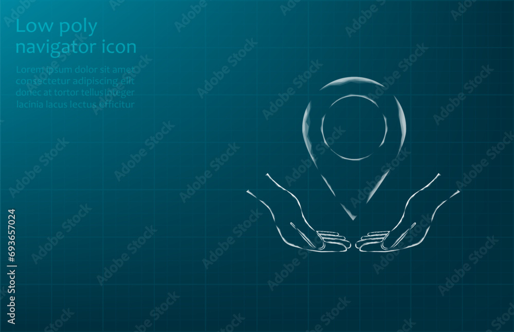 Poster vector illustration of a label for a card on an outstretched hand. the navigator checks the map. map