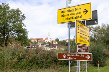 Signage to various destinations in Bavaria near the town of Harburg.