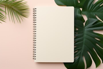 blank notebook lies open on a pale pink surface, framed by lush green tropical leaves, creating a vibrant yet serene top view mockup - obrazy, fototapety, plakaty