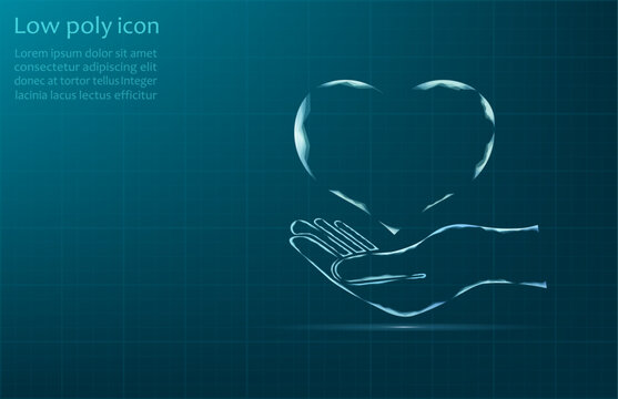 Heart on hand, vector illustration. The frame of the heart in the light, lying on the hand. Heart on the hand on a blue background.