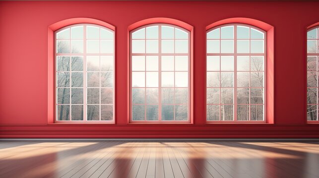empty room with indoor windows and red paint generate ai