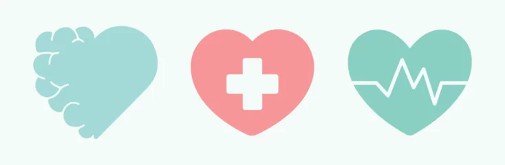 Fotobehang Medicine, mental health, brain, heart, healthy. Medical, medicinal, hospital. Heartbeat symbol. Illustration, vector, icon, set. Therapy, cure, treatment © Tatiana