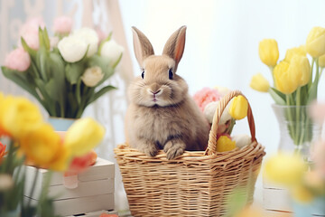 Cute bunny with basket, Easter eggs and spring flowers on a light white background