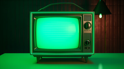 retro tv with neon green screen, old fashioned technology