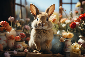 Fototapeta na wymiar Cute bunny with basket, Easter eggs and spring flowers, sunlight