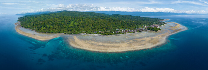 Low tide exposes an extensive fringing reef growing along the coast of Seram, Indonesia. This...