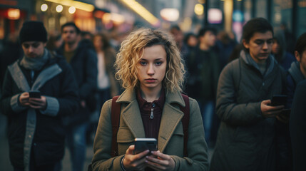Many people on street using mobile phones, while walking, smartphone addict, nomophobia