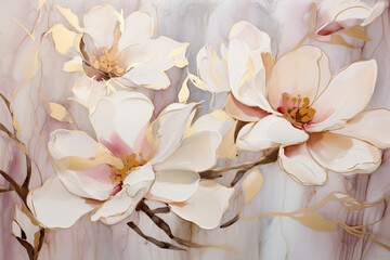 Alcohol Ink Illustration of Gardenia Flowers, White and Gold and Pink and White