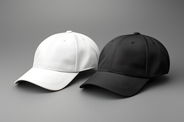 Black and white baseball caps mock up isolated on grey background