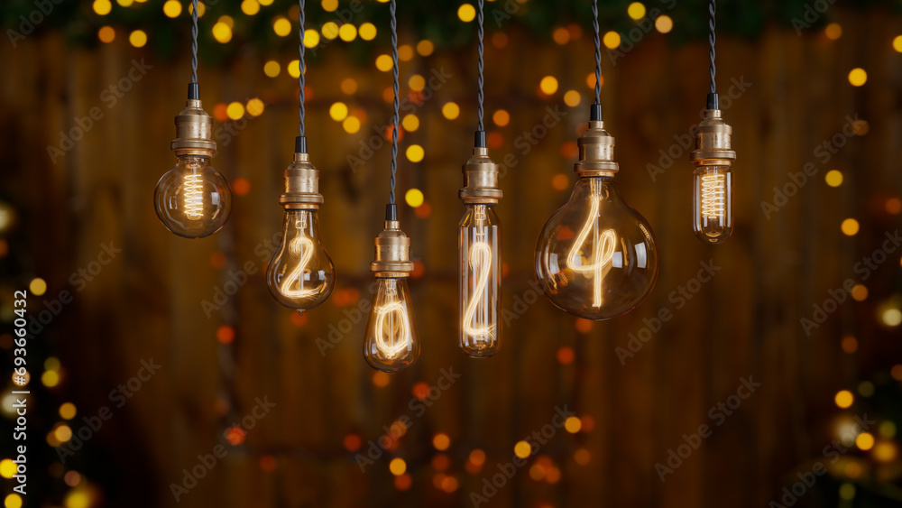 Poster light bulb new year background. edison light bulb. 2024 year. 3d rendering