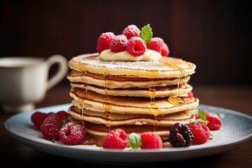 Stack of fresh pancakes with raspberries and syrup on plate. Gourmet breakfast and dessert.