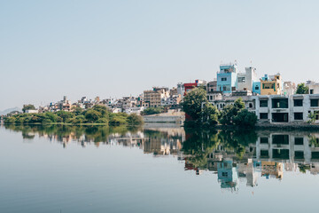waterfront view of pichola lake in udaipur, india