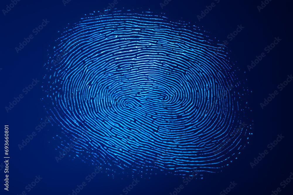 Poster security access, cyber technology. fingerprint scan on deep blue background