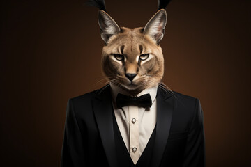 Caracal cat in black business suit on dark brown background