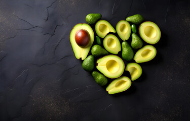 avocado heart shape fruits on grey snowy background top view