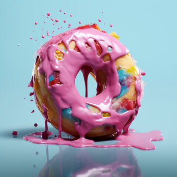 Melting Colorful Donut with Pink Glaze Splash &ndash; Creative Dessert Art Concept