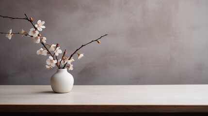 A minimalist scene featuring a vase on a table adorned with orchids