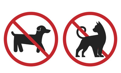 Bundle set label design of pets not allow, no pet allowed, animal do not enter sign with pictogram black cat dan dog in red circle crossed out