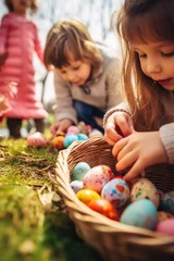 Fotobehang Kids during Easter egg hunt putting eggs in baskets © piai