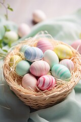 Fototapeta na wymiar Pastel colors easter eggs in the woven basket