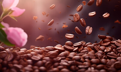 Closeup shot of fresh coffee beans on blurry spring background. Falling beans, pink sakura petals,...