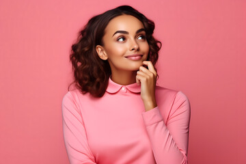 Fototapeta premium Portrait of a young woman in pink shirt with finger on mouth looking up thinking, isolated on pink studio background