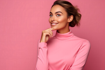 Portrait of a young woman in pink shirt with finger on mouth looking up thinking, isolated on pink studio background