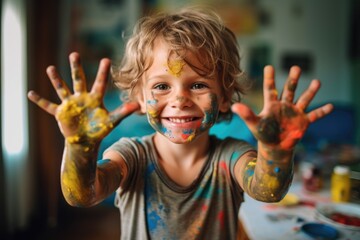 Portrait of a child boy playing with paint during art time at home
