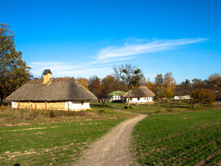 Fototapeta na wymiar Traditional wooden houses with thatched roof and white walls. A small houses in village, Ukraine. Picturesque village in autumn.