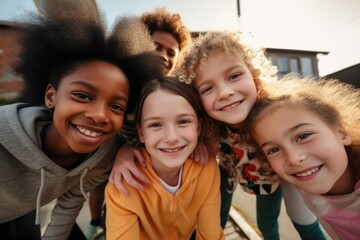 Obraz premium Portrait of diverse children taking selfie outside