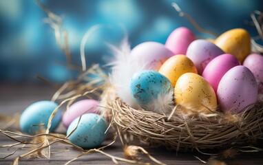 Obraz premium Pastel colors easter eggs in the woven basket