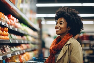 Portrait of a smiling young woman shopping in supermarket