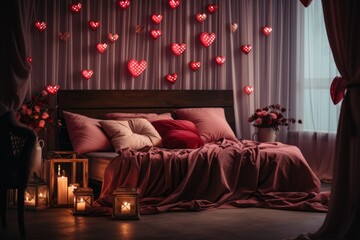 Interior of modern bedroom decorated for valentines day