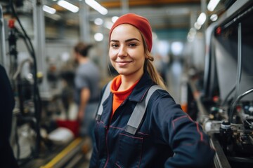 Portrait of a young smiling woman working in factory