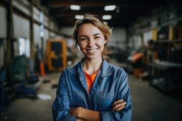 Fototapeta premium Portrait of a young smiling woman working in factory