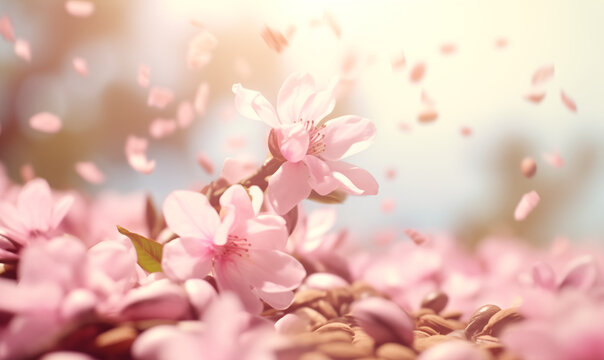 Pink cherry blossoms with coffee beans on a soft-focused wide background. Falling beans, pink sakura petals, almond flowers. Banner for cafe. Copy space 