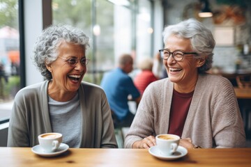Happy senior women drinking coffee in cafe - obrazy, fototapety, plakaty