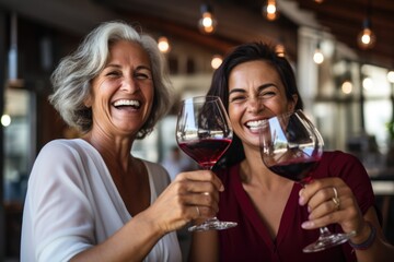 Happy senior women drinking wine in cafe or bar - Powered by Adobe