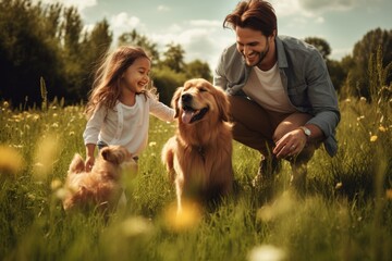 Portrait of young family with pet dog in the park