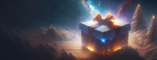 Küchenrückwand glas motiv Mystical Box of Cosmic Wonders. An ethereal scene with a glowing box amidst a snowy landscape under a starry sky © Igor Tichonow