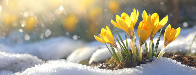 Spring Crocuses Breaking Through Snow. Bright yellow crocuses emerge from the snow, signaling the arrival of spring with sunlight - obrazy, fototapety, plakaty