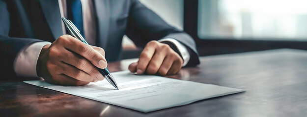 Professional businessman Signing Contract Documents at Working Desk. A close-up of a person's hand...