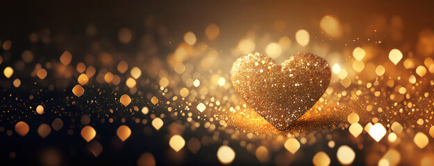 Glowing Heart Amidst Golden Bokeh. Captures a heart shape glowing warmly among sparkling golden lights, symbolizing love and warmth - obrazy, fototapety, plakaty