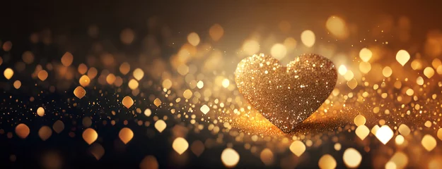 Foto op Canvas Glowing Heart Amidst Golden Bokeh. Captures a heart shape glowing warmly among sparkling golden lights, symbolizing love and warmth © Igor Tichonow