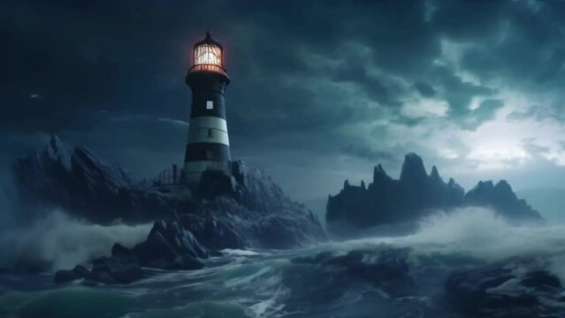 glowing lighthouse in a stormy sea