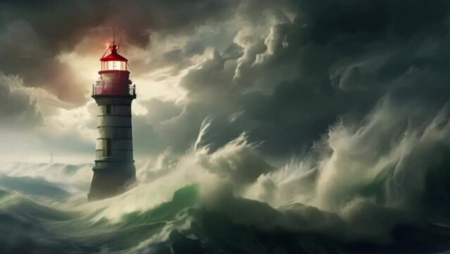 glowing lighthouse in a stormy sea