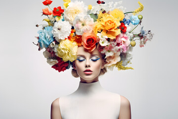 Woman with her head covered with flowers. Mental health, psychological treatment concept. 