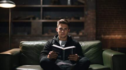 Young man reading a book in living room