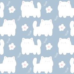 White fluffy kitty cat and flowers pattern on the pastel background	
