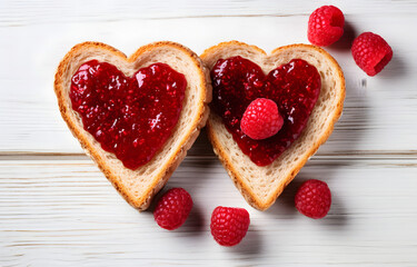 Two pieces of toast bread stacked in a sandwich, inside of it cut heart filled with raspberry jam on white wooden table top view